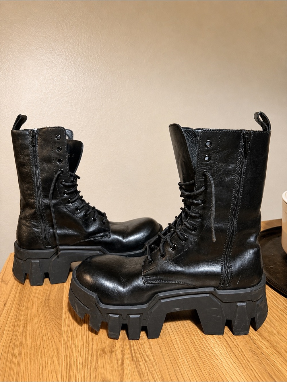 Balenciaga Black Leather Platform Lug Lace-Up Boots - Picture 2 of 10